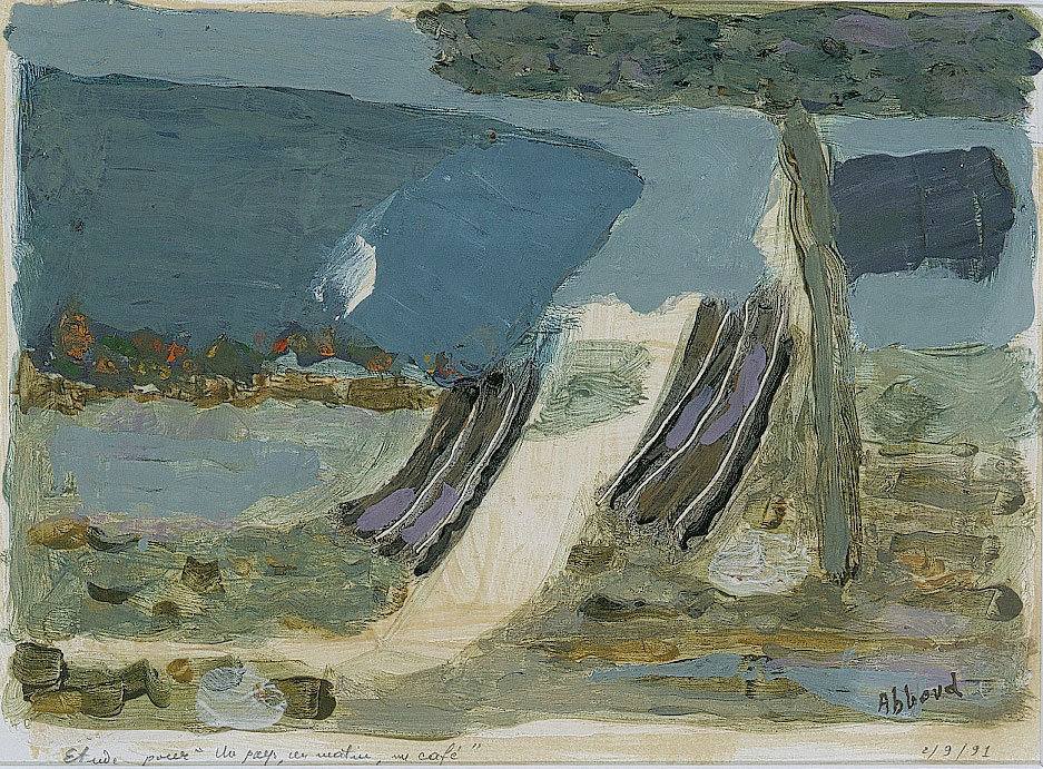 Shafic Abboud, Etude pour Un pays, un matin, un café, 1991. Tempera sur carton, 25 x 33 cm. Monographie page 215. Collection privée. © Succession Shafic Abboud. Courtesy Galerie Claude Lemand, Paris..jpg